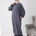 Modamiss Bürümcük Kumaş Bayan Hac ve Umre Elbisesi (2 parça) - Füme