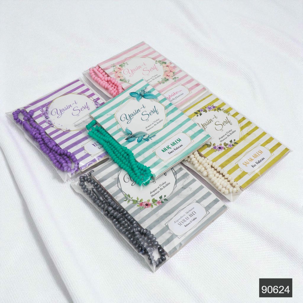 t7eofz_90624.jpg 10'lu Şeffaf Ambalaj İçerisinde Kişiye Özel Etiketli Yasin ve Tesbih Hediye Seti - Görsel 1